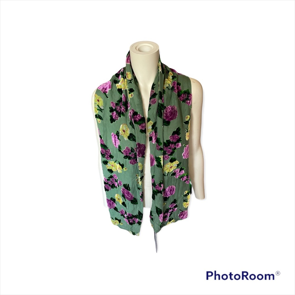 Danier Green Velvet Floral Scarf (Silk & Viscose)